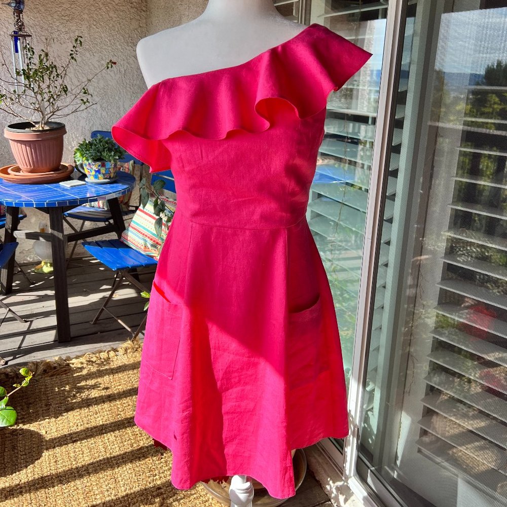 Asos Bright Pink Linen Ruffle Dress. NWT.